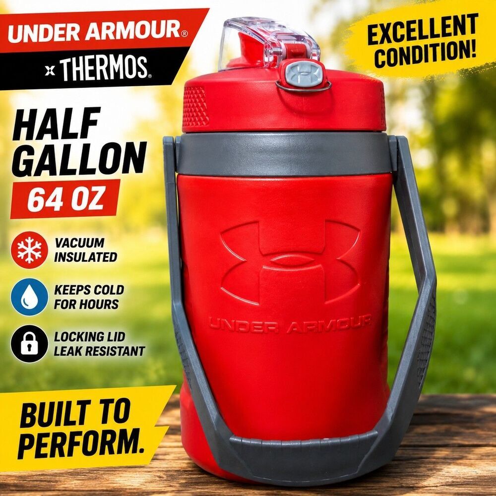 Under Armour Thermos Half Gallon Insulated Water Jug Red 64 oz Flip Straw Handle